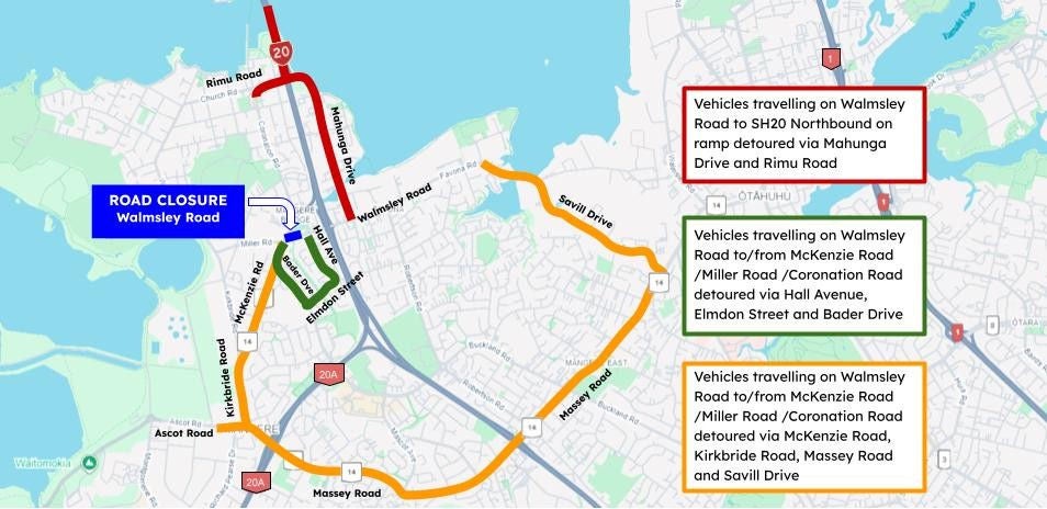Map showing road closure on Walmsley Road marked with blue colour and different detour routes marked with yellow, red and green colours.