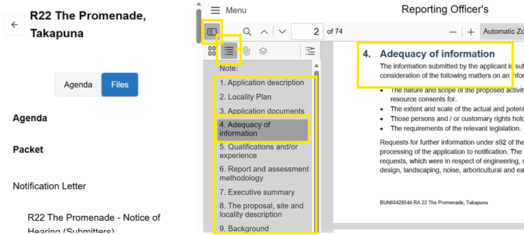 Screenshot highlighting the 'Document outline' icon and the bookmarked sections in a text list.