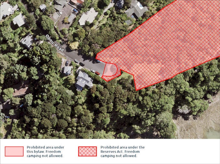 A map highlighting areas where freedom camping is not allowed. 