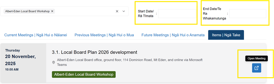 Screenshot of date range search options.