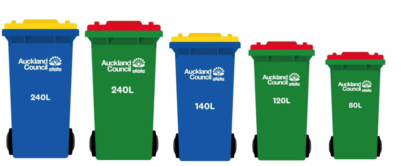 Five green and blue rubbish bins with yellow and red lids in 240, 120 and 80 litre sizes.