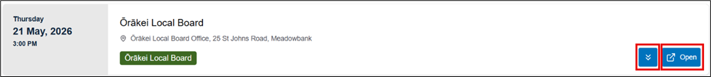 Screenshot from the Agendas and Minutes website showing the Ōrākei Local Board meeting for Thursday 21 May with  a double arrow button and an 'open' button on the right hand side of the screen.