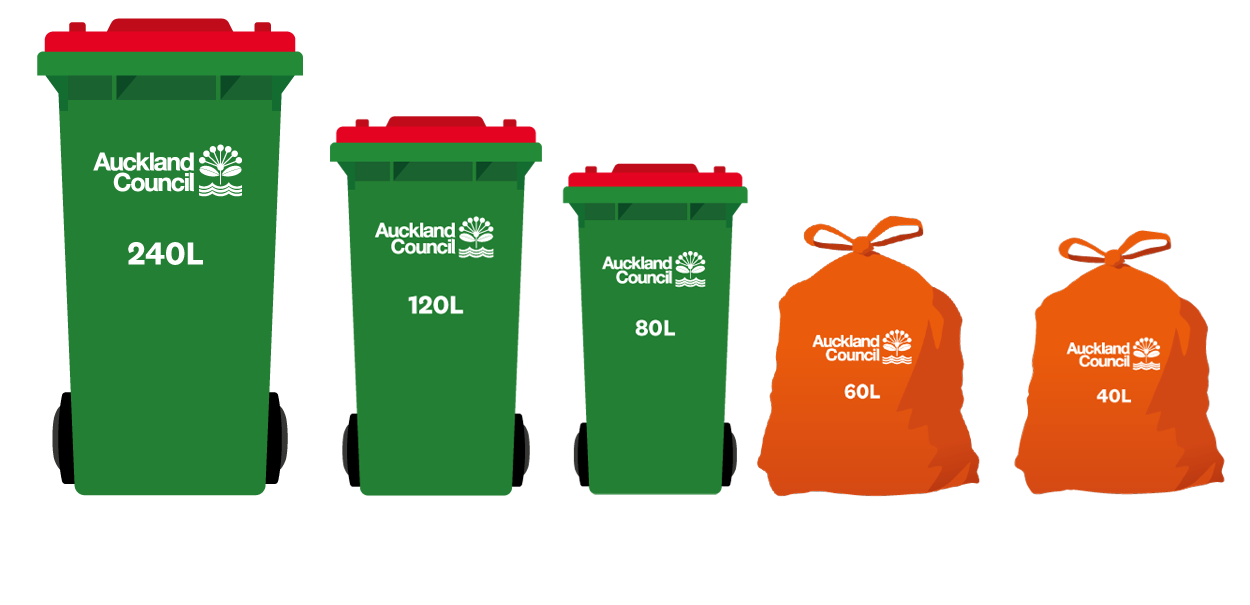 Three green rubbish bins with red lids and two orange rubbish bags. The bins are in 240, 120 and 80 litre sizes. The bags are in