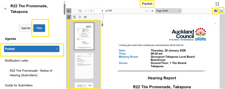 Screenshot highlighting the 'Packet' heading in the navigation pane on the left of the screen and an image list of the documents in the packet.