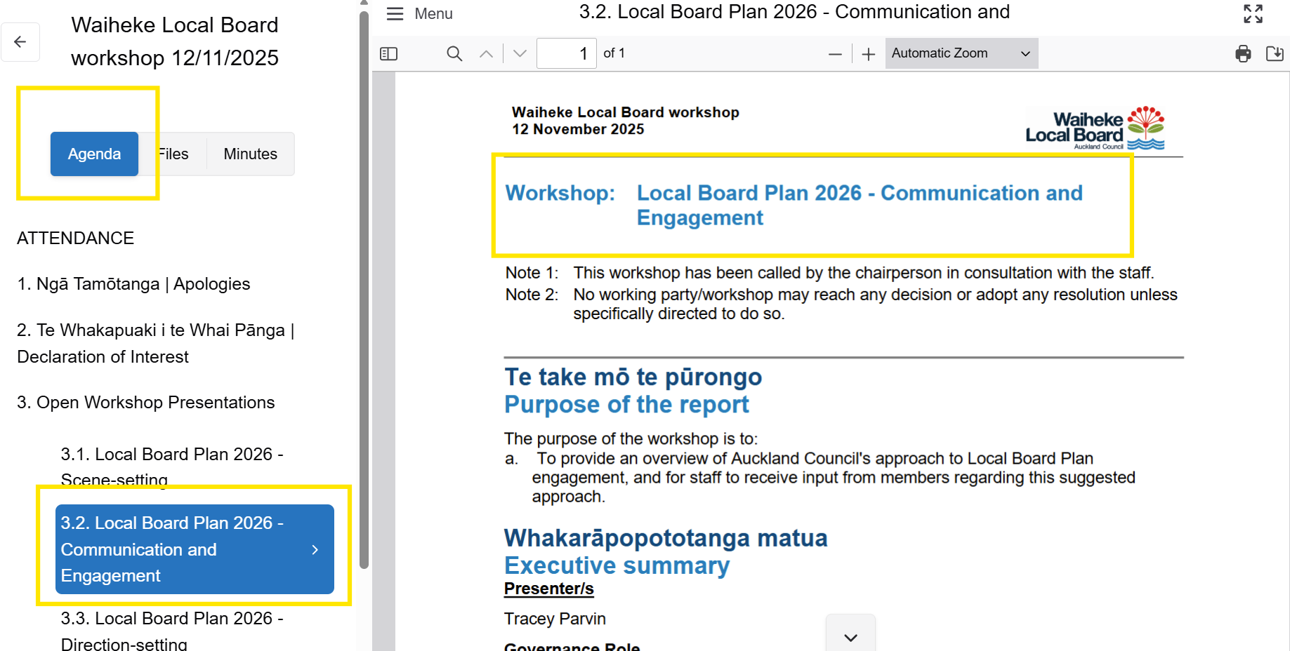 Screenshot showing an agenda item selected in the contents list which displays in full on the right of the screen.