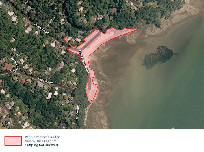 A map highlighting areas where freedom camping is not allowed. 