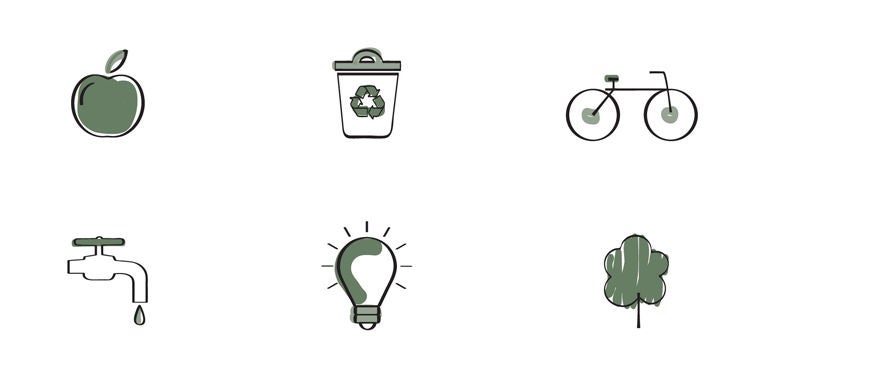 Environmentally friendly icons, including an apple, recycled coffee cup and bike.