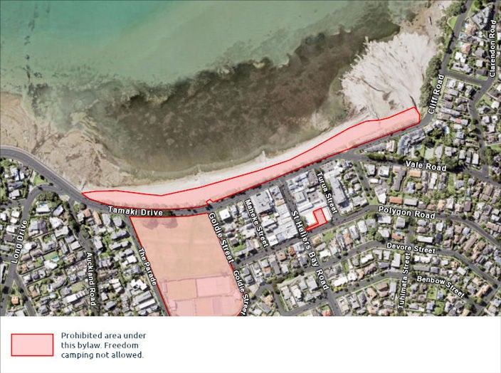 A map highlighting areas where freedom camping is either restricted or not allowed.