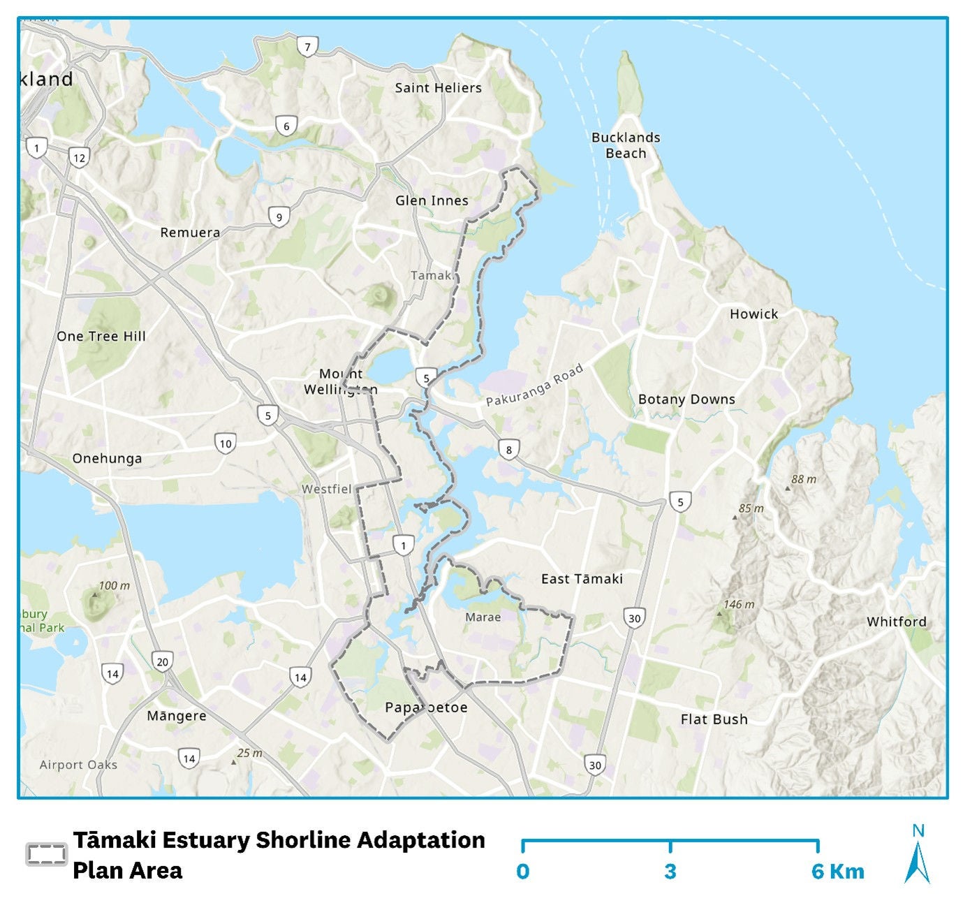 Map of the area covered by Tāmaki River inlet Shoreline Adaptation Plan.