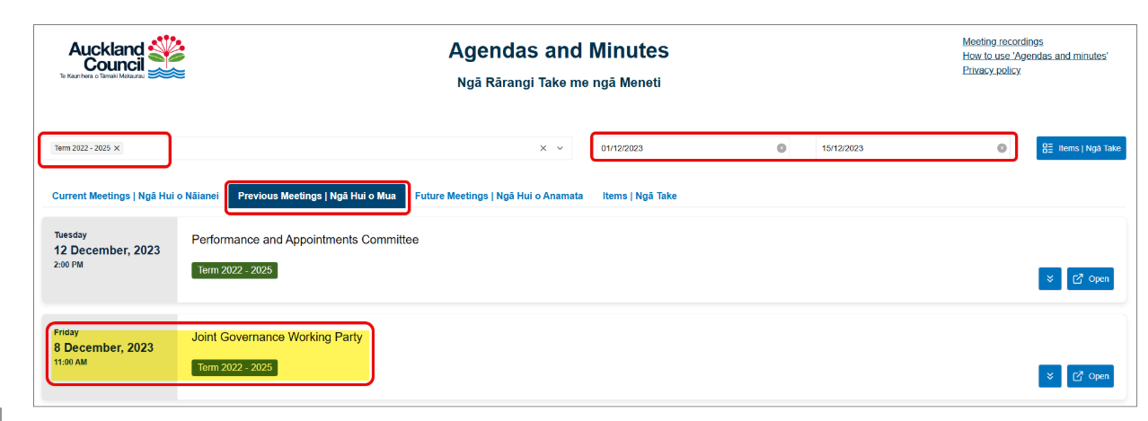 Screenshot of the Agendas and Minutes website showing the 'Previous Meetings' tab with filters applied for the 2022-2025 election term and a date range from 1 to 15 December 2023. Two meetings are listed with dates, times, committee names and 'open' buttons. 