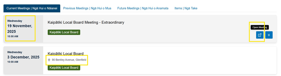 Screenshot showing current meeting search results, highlighting meeting dates, times and venues, and the 'Open meeting' button at the far right of the screen.
