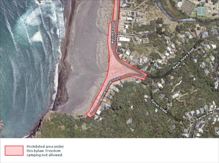 A map highlighting areas where freedom camping is not allowed. 