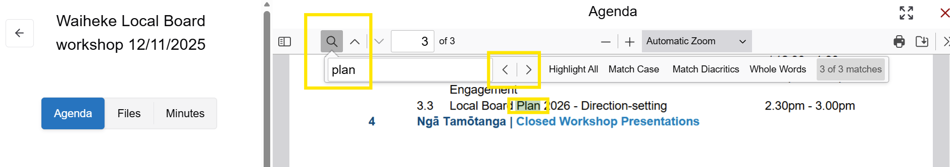 Screenshot highlighting the magnifying glass being used to search for key words in a workshop agenda document.