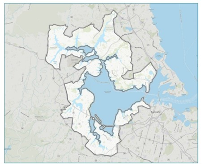 Map of the area covered in the Waitematā Harbour West SAP Shoreline Adaptation Plan.
