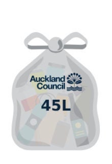 A clear 45-litre bag for recycled item, with the Auckland Council name and logo.