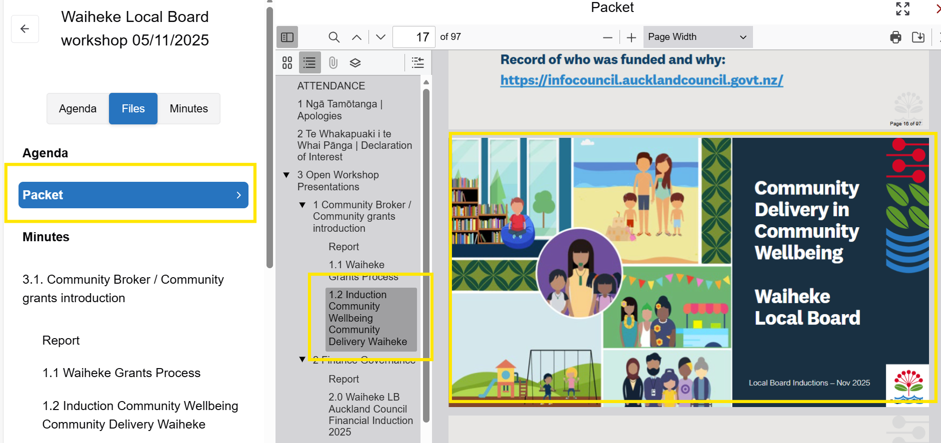 Screenshot highlighting the 'Packet' option under the 'File' tab and a list of documents included in the packet. One document is selected and is displayed in full.