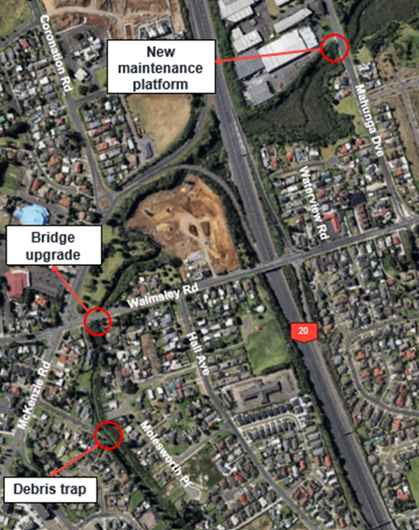 Map showing where the debris trap, bridge upgrade and maintenance platform will be.