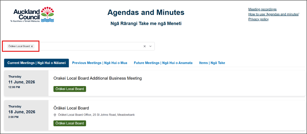 Screenshot of Agendas and Minutes website showing Ōrākei Local Board selected in the 'Filter Meeting Types' field and a list of relevant Ōrākei Local Board meetings as results.