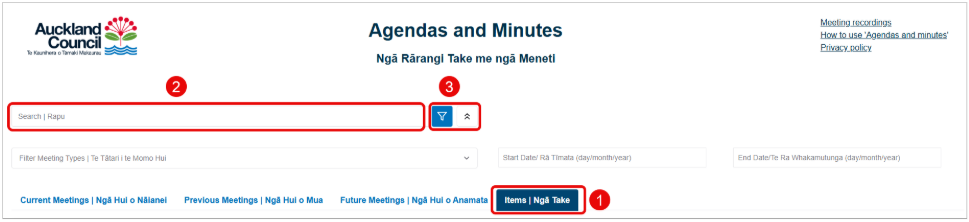 Screenshot of the Auckland Council Agendas and Minutes website showing the 'Items' tab, the 'Search' field and filter options for meeting type and start and end dates.