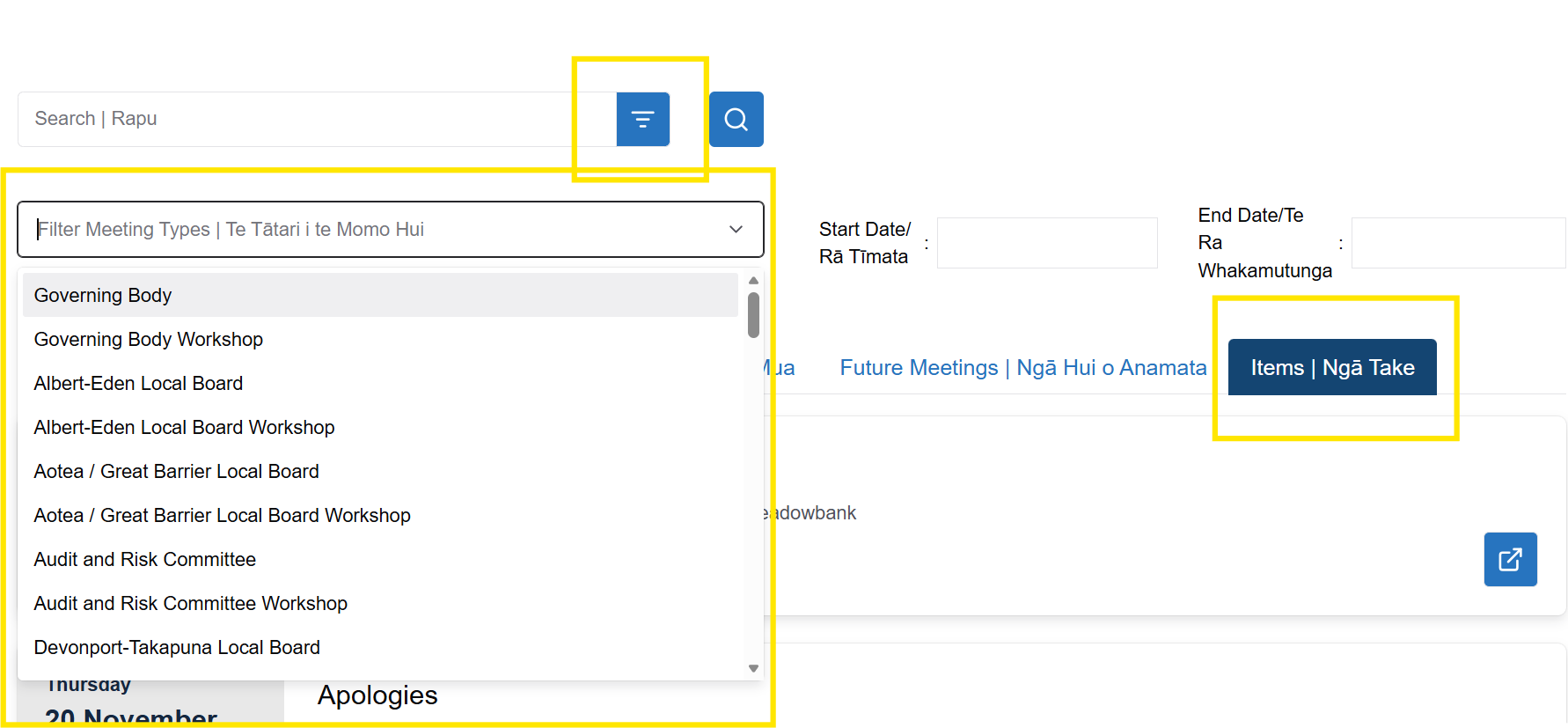 Screenshot of the drop-down menu of meeting types. The 'Items' tab is selected on the far right of the screen.