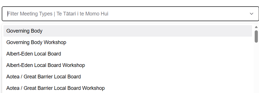Screenshot of the 'Filter Meeting Types' search bar with a list of local board and Governing Body meetings and workshops below.