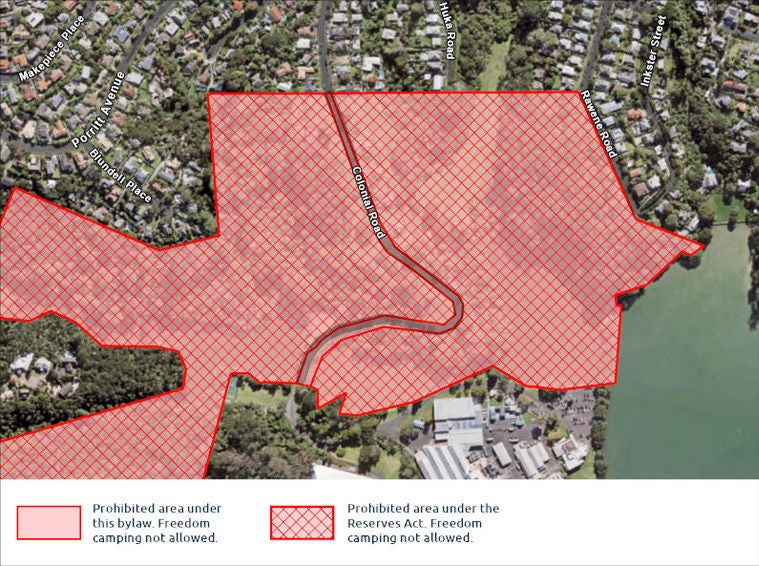 A map highlighting areas where freedom camping is not allowed.