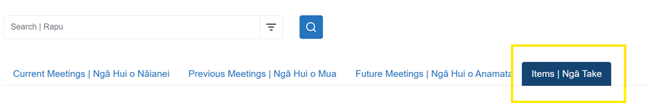 Screenshot showing the 'Items' tab below the search bar.