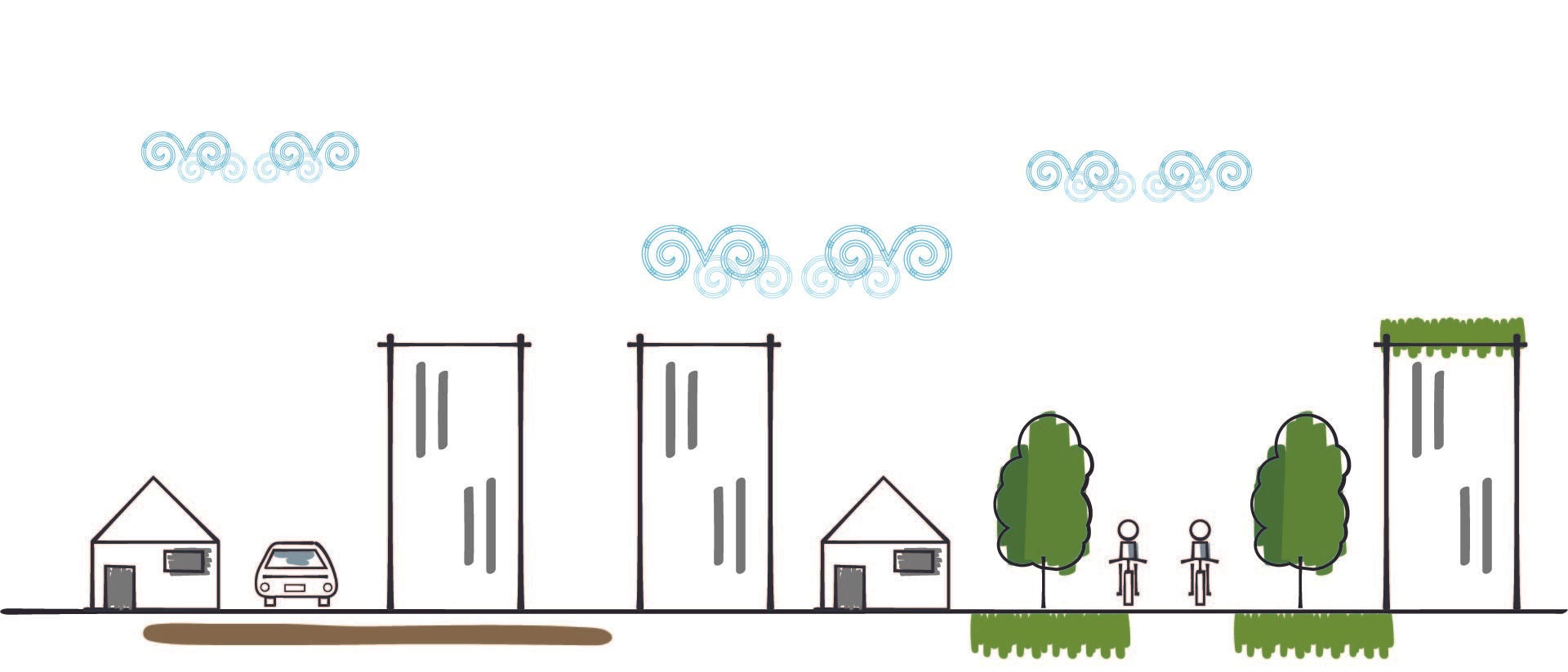 Drawing of a house, car, apartment buildings, two people riding bikes next to a building with a green roof and trees.