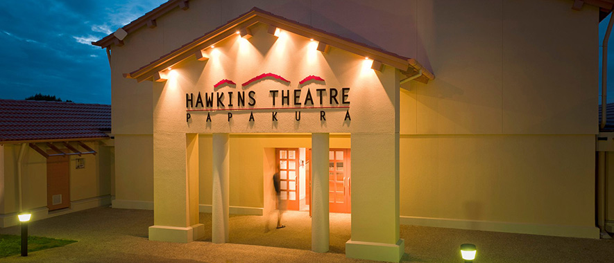 Lights adorn the entrance to the Hawkins Theatre.