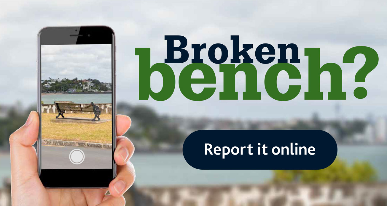 Hand holding phone with view of taking picture of broken bench. Text to the right reads, Broken bench? Report it online