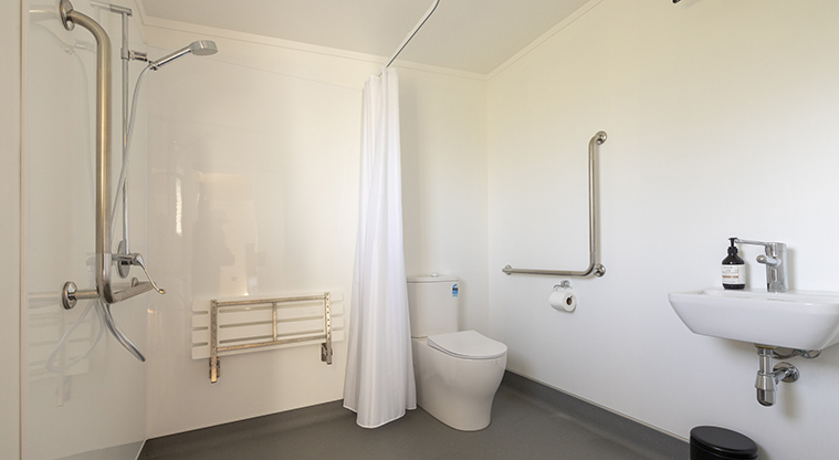 Te Tino tiny home - Bathroom with shower, toilet, hand basin and fold down bench seat.