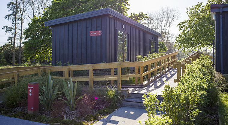 Te Tino tiny home - View of the tiny home from the road with the accessible ramp and steps leading up to the entrance.