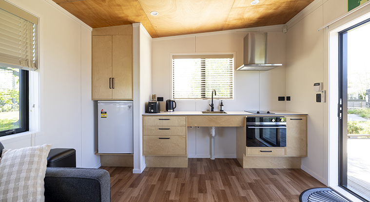 Te Tino tiny home - Kitchen area and facilities with the door out to the deck on the right.