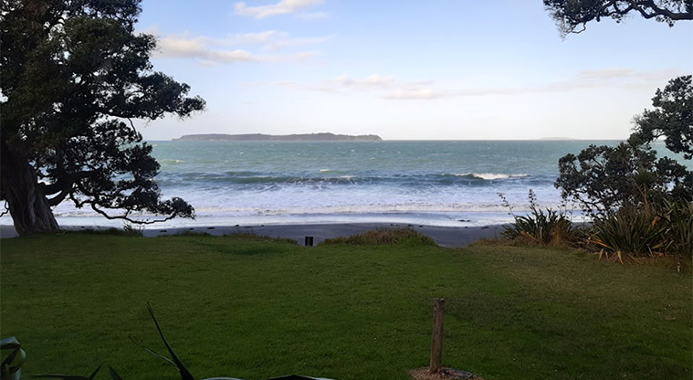 Big Bay Bach – View out to sea from the front of the bach.