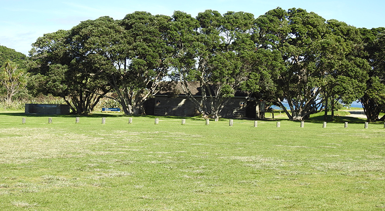 Te Haruhi Bay campground - Camping area with facilities in the background.