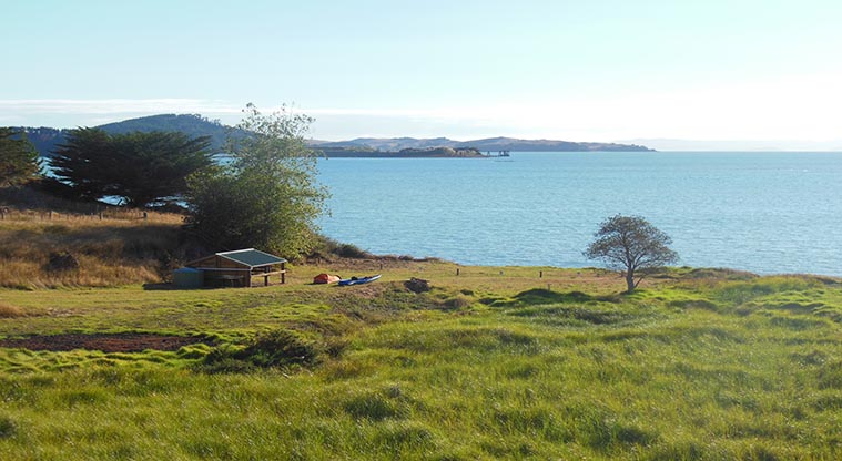 Waitawa bay (Sea kayak) campground - Kayaks and the open shelter.