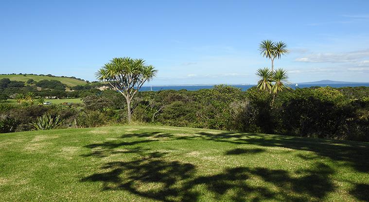 Shakespear Regional Park - Fig tree site with open grassed space, trees, and views out to the Hauraki Gulf.