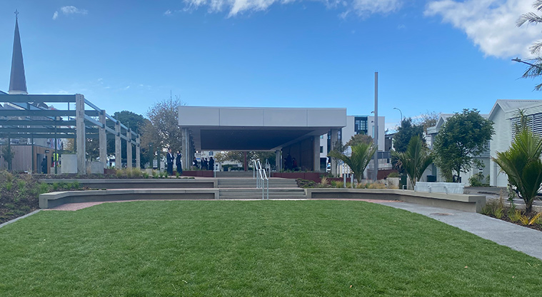 Grassed space and a covered area.