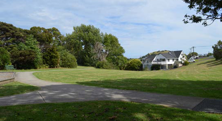 Achilles Crescent Reserve - Open grassed space with paths, trees and houses in the background.