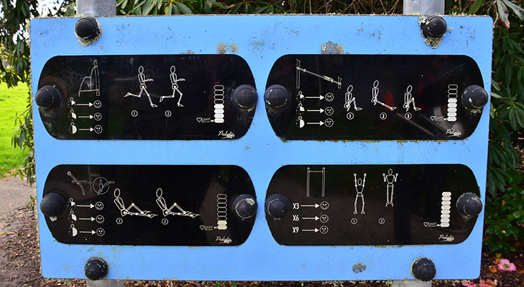 Waiake / Aickin Reserve - Sign showing how some of the fitness equipment is used. Photo credit: Aleksandar Ćirilović.