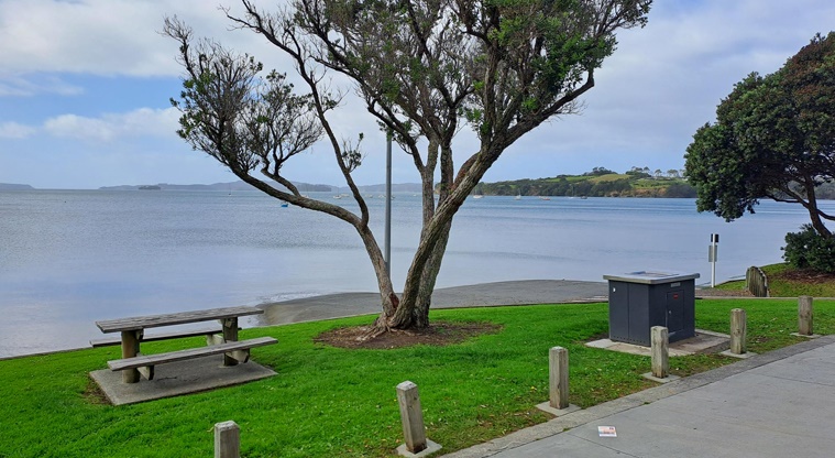 Algies Bay Reserve – Picnic table and barbecue, with the bay in the background. Photo credit: M Woodside.