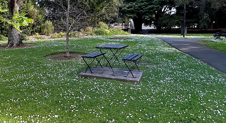 Alice Wylie Reserve - A table and bench seats in the middle of the reserve. Photo credit: S Hulse.