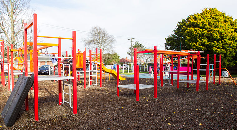 Allenby Park – Brightly coloured playground with climbing equipment and slides. Photo credit: Kellie Bizzard