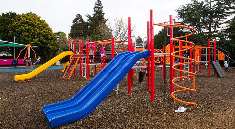 Allenby Park – Brightly coloured playground with climbing equipment and slides. Photo credit: Kellie Bizzard