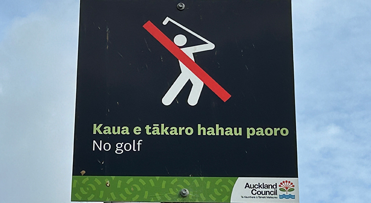 Anderson Park - Sign showing that golf can not be played on the sports fields. Photo credit: S Hulse.