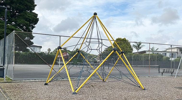 Anderson Park - Dome shaped climbing frame with the tennis courts in the background. Photo credit: S Hulse.