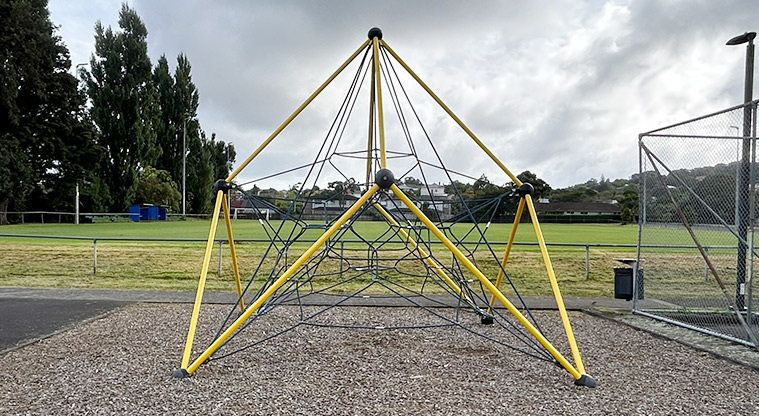 Anderson Park - Dome shaped climbing frame with the sports fields in the background. Photo credit: S Hulse.