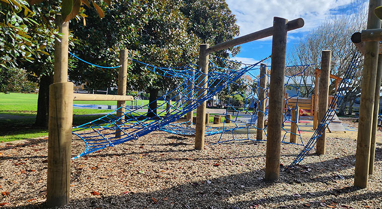 Aorere Park - A variety of blue climbing nets in the older kids play area.