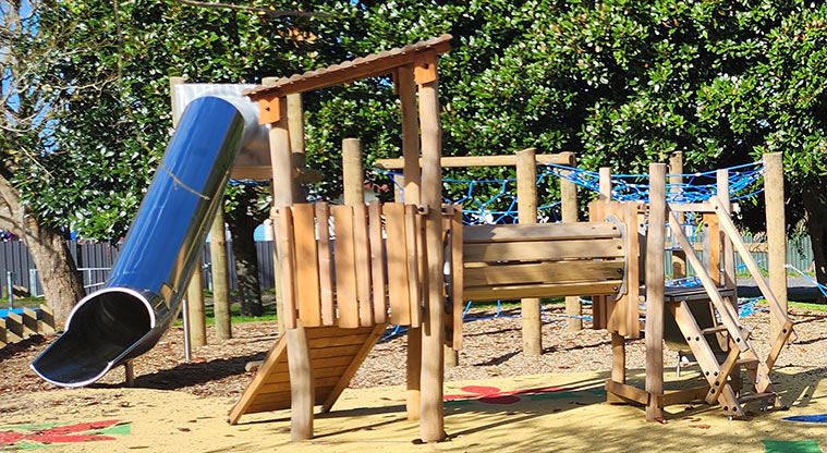 Aorere Park - Junior play module showing the climbing ramp, stairs and crawl tunnel.