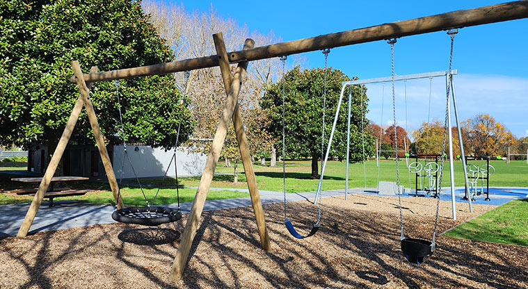 Aorere Park - Set of three swings, including a basket swing.